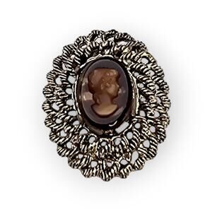 Cameo Portrait Brooch Gold Tone Filigree Ornate Victorian Style Romantic Vintage
